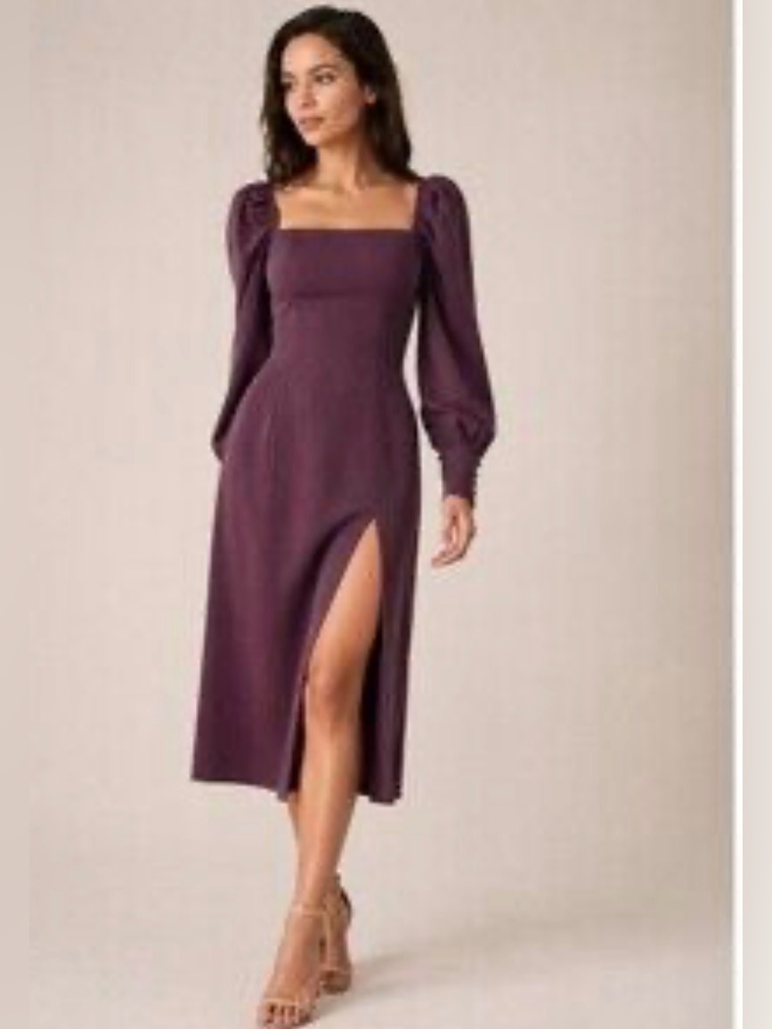 Plum Long-Sleeve Square Neck Midi Dress With High Slit — image 2 of 8